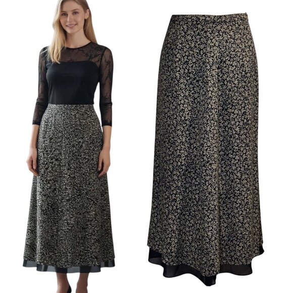 VTG 90s Talbots Dark Floral Midi Skirt Sz.6 Black Y2K Whimsigoth Boho Fairy - Picture 1 of 9